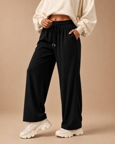 Women Loose Fit, Relaxed Black Linen Blend Trousers