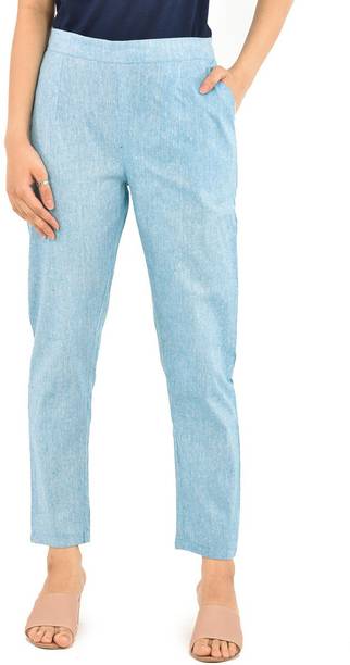 Women Regular Fit Light Blue Pure Cotton Trousers