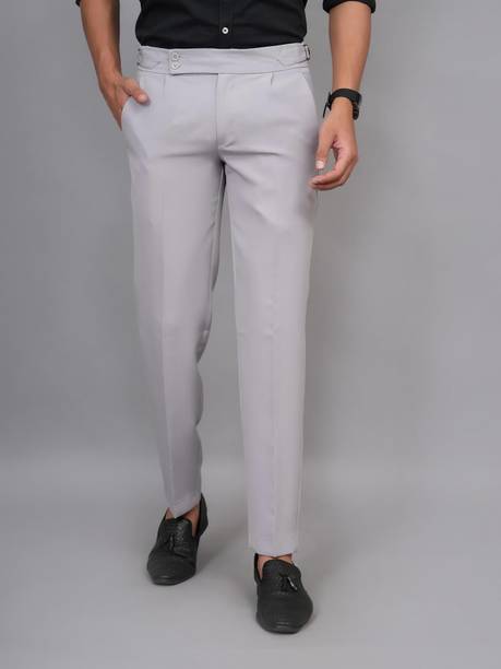 Men Comfort Fit Grey Lycra Blend Trousers