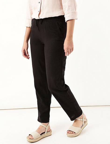 Women Tapered Black Linen Blend Trousers