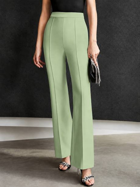 Women Flared Light Green Lycra Blend Trousers