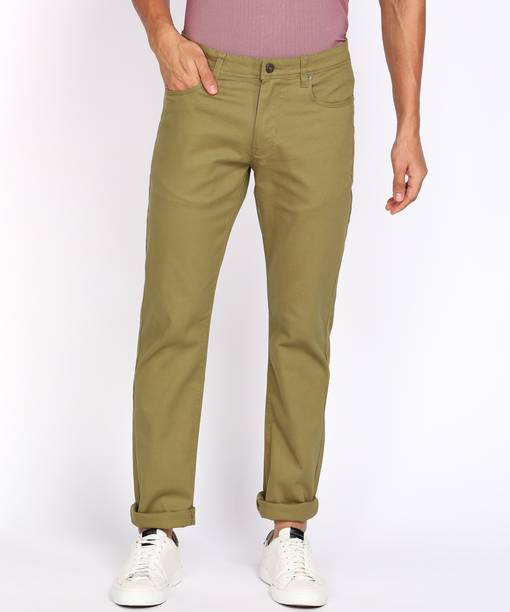 Men Slim Fit Khaki Pure Cotton Trousers