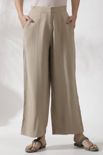Women Beige Viscose Rayon Trousers