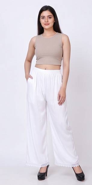Women Comfort Fit White Pure Cotton Trousers