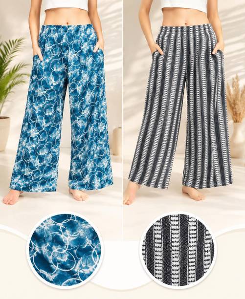 Pack of 2 Women Comfort Fit, Loose Fit Blue, Black Polyester Trousers