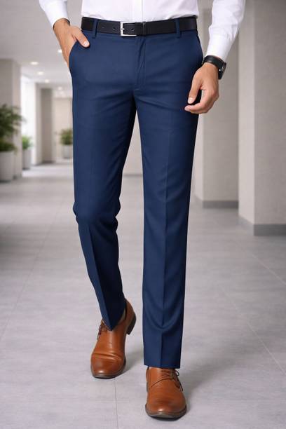 Men's Slim Fit Blue Viscose Rayon Trousers