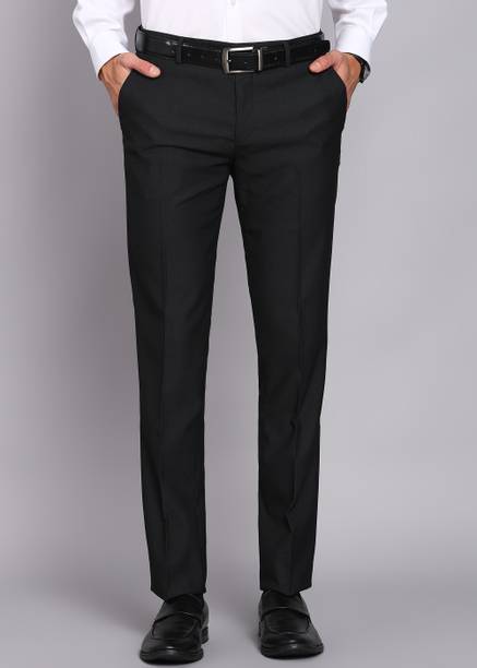 Men Tapered Black Polyester Trousers