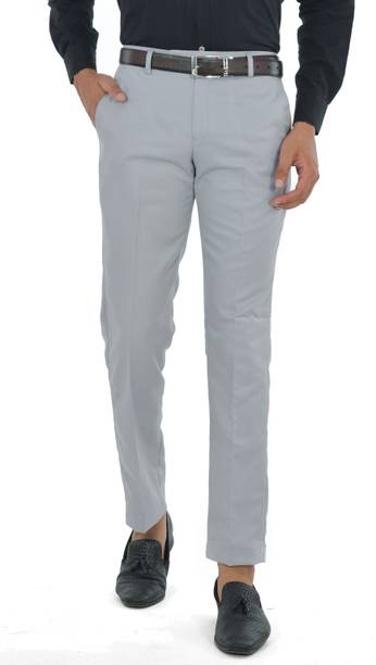 Men Regular Fit Grey Lycra Blend Trousers