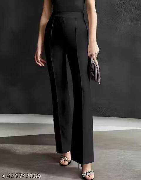 Women Straight Fit, Flared Black Polyester Trousers