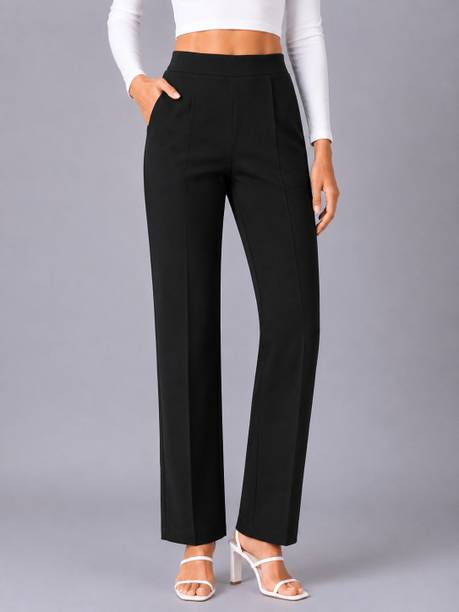 Women Straight Fit Black Lycra Blend Trousers