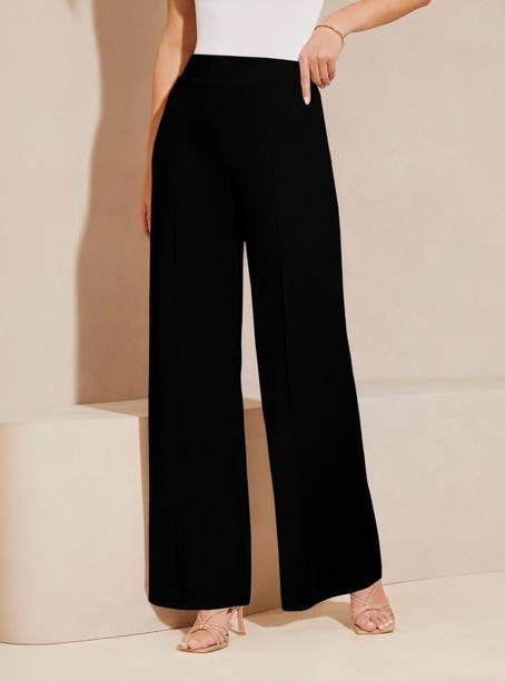 Women Regular Fit Black Viscose Rayon Trousers