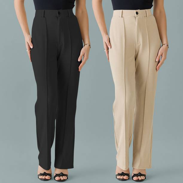 Pack of 2 Women Regular Fit Beige, Black Polyester Trousers