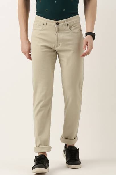 PETER ENGLAND Men Slim Fit Cream Cotton Blend Trousers