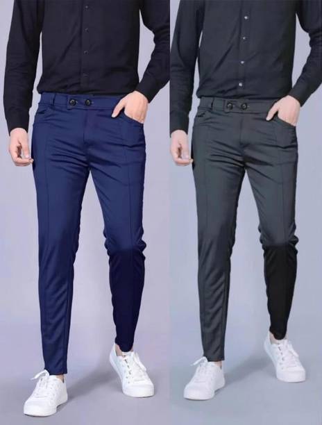 Pack of 2 Men Regular Fit Blue, Black Lycra Blend Trousers