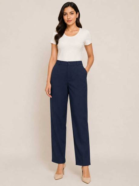 Women Relaxed Blue Polyester Trousers