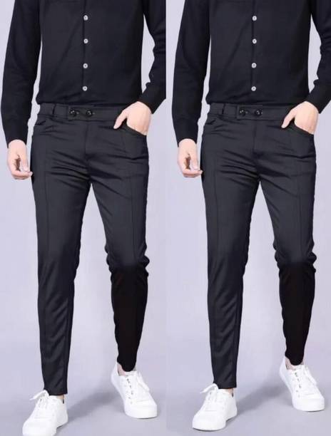 Pack of 2 Men Regular Fit Black Lycra Blend Trousers