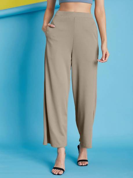 Women Relaxed Beige Lycra Blend Trousers