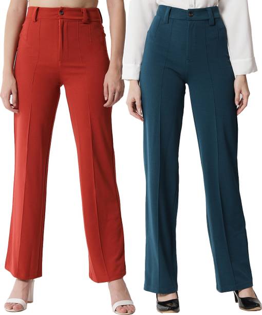 Pack of 2 Women Regular Fit Green, Orange Viscose Rayon Trousers