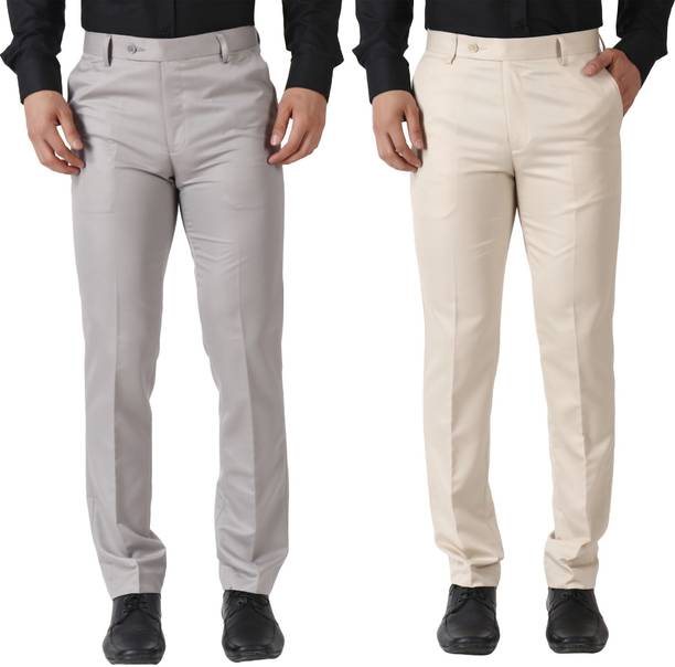 Pack of 2 Men Slim Fit Grey, Cream Cotton Blend Trousers