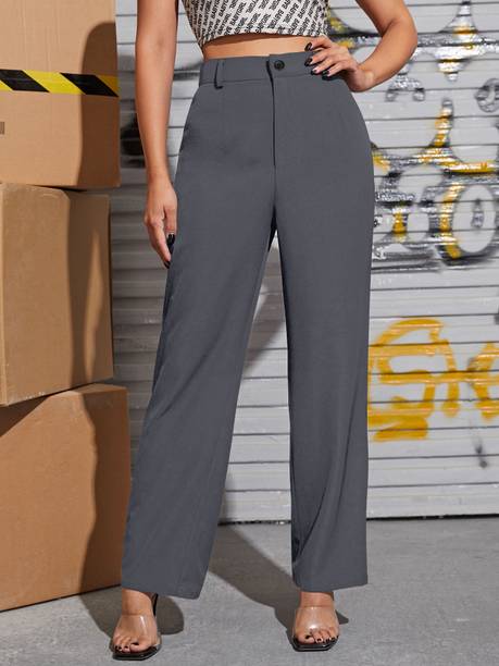 Women Regular Fit Grey Cotton Blend Trousers