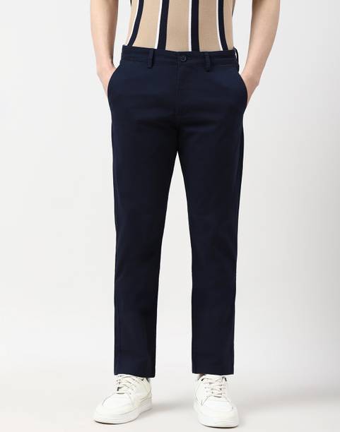 Men Slim Fit Dark Blue Cotton Blend Trousers