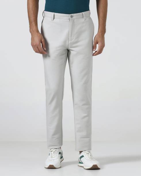Men Slim Fit Grey Pure Cotton Trousers
