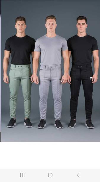 Pack of 3 Men Comfort Fit, Regular Fit Green, Grey, Black Cotton Silk Trousers