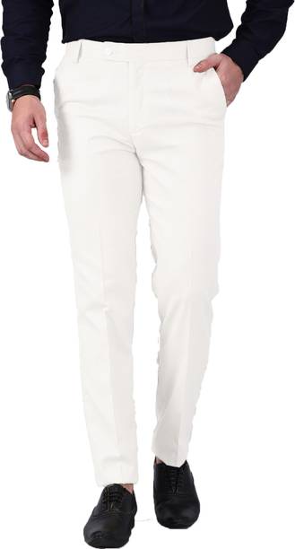 Men Regular Fit White Cotton Blend Trousers