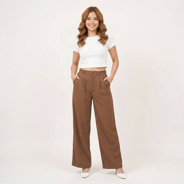 Women Regular Fit Brown Crepe Trousers