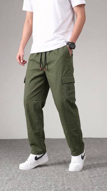 Men Straight Fit, Comfort Fit Light Green Cotton Blend Trousers
