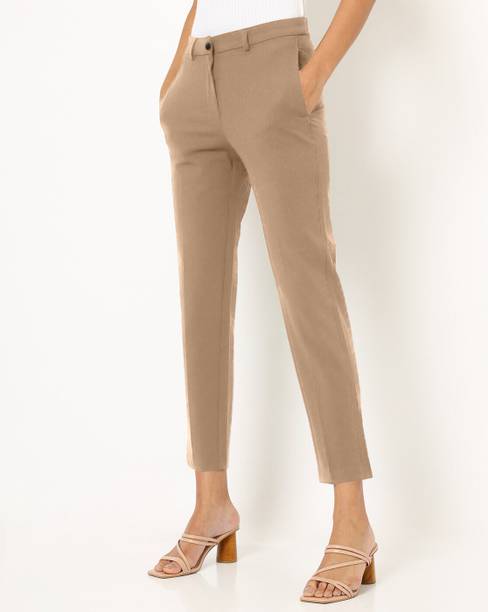 Women Slim Fit Beige Cotton Blend Trousers