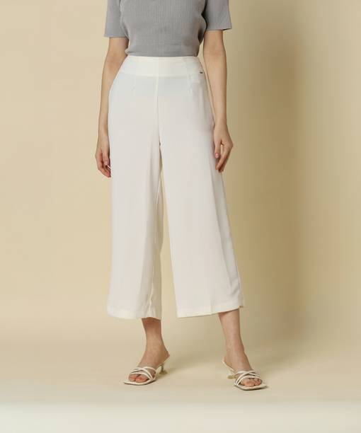 Women Regular Fit White Polyester Trousers