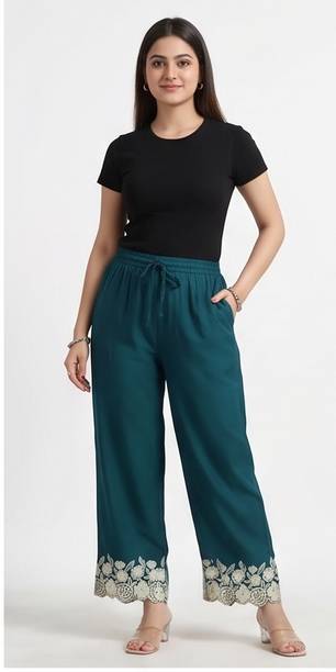 Women Relaxed Blue Pure Cotton Trousers