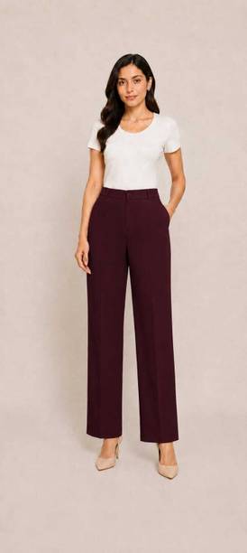 Women Regular Fit Maroon Polyester Trousers