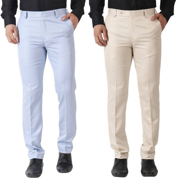 Pack of 2 Men Slim Fit Light Blue, Cream Cotton Blend Trousers