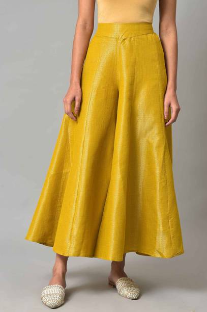 Women Regular Fit Yellow Cotton Blend Trousers