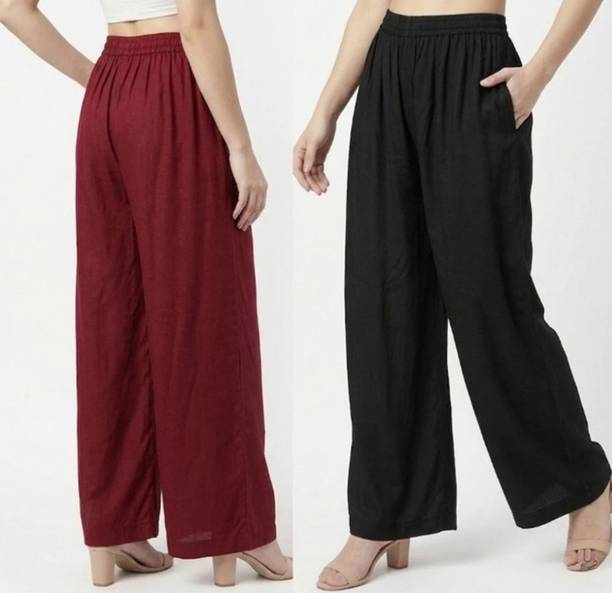 Pack of 2 Women Loose Fit Maroon, Black Modal Trousers