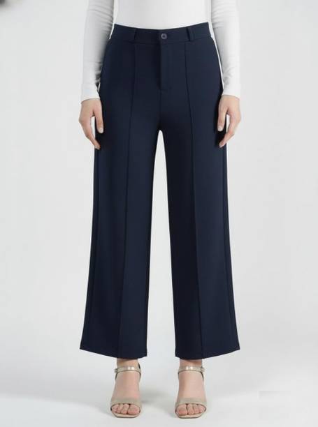 Women Regular Fit Dark Blue Cotton Blend Trousers
