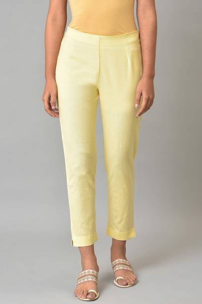Women Slim Fit Yellow Cotton Blend Trousers