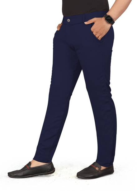 Men Slim Fit Dark Blue Cotton Blend Trousers