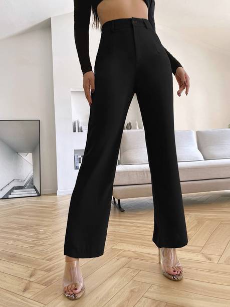 Women Regular Fit Black Cotton Blend Trousers
