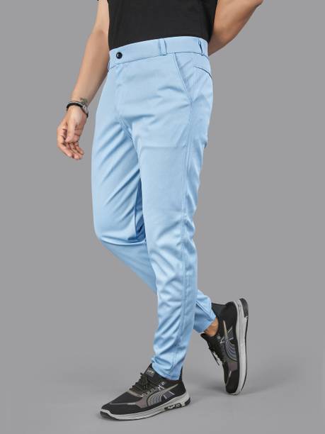 Men Relaxed Light Blue Lycra Blend Trousers
