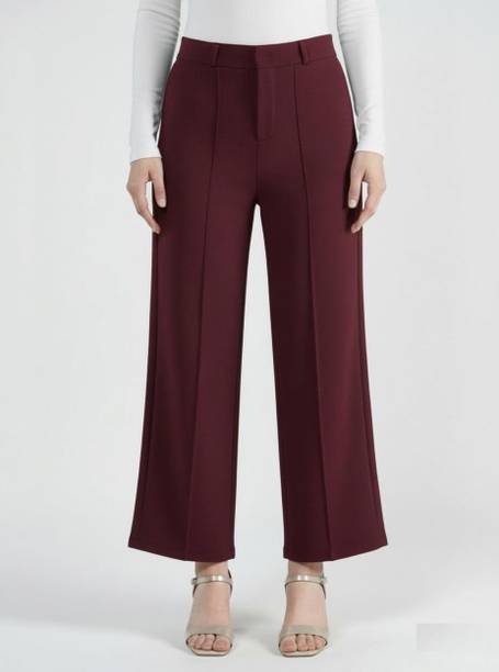Women Regular Fit Maroon Cotton Blend Trousers