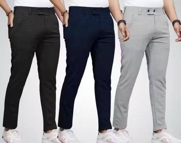 Pack of 3 Men Regular Fit Black, Dark Blue, Grey Lycra Blend Trousers