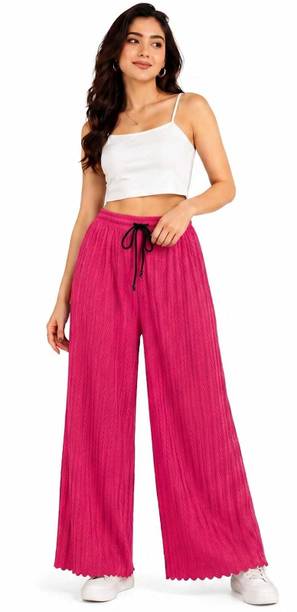 Women Loose Fit Pink Polyester Trousers