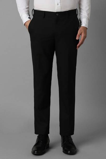 Formal Flat Front Men Slim Fit Black Polyester Trousers