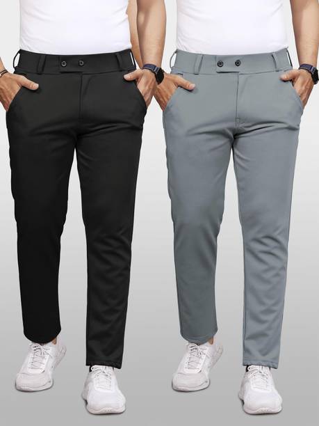 Pack of 2 Men Regular Fit Black, Grey Lycra Blend Trousers