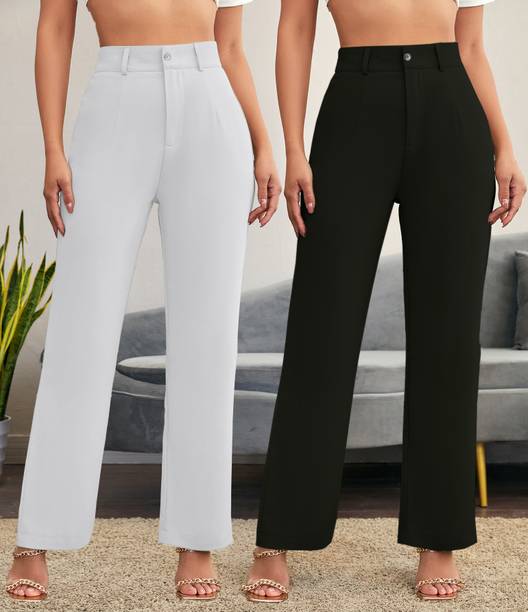 Women Regular Fit Black, White Cotton Blend Trousers
