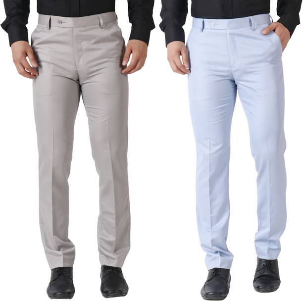Pack of 2 Men Slim Fit, Regular Fit Grey, Light Blue Cotton Blend Trousers