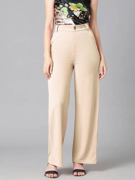 Women Straight Fit Beige Viscose Rayon Trousers
